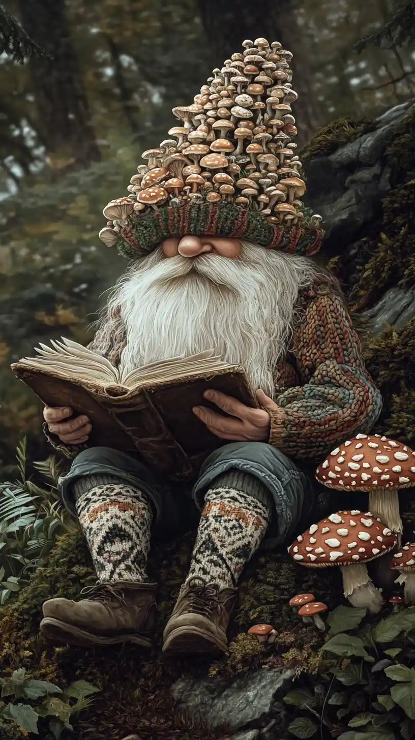 Gnome de la forêt lisant sur un rocher moussu parmi les champignons