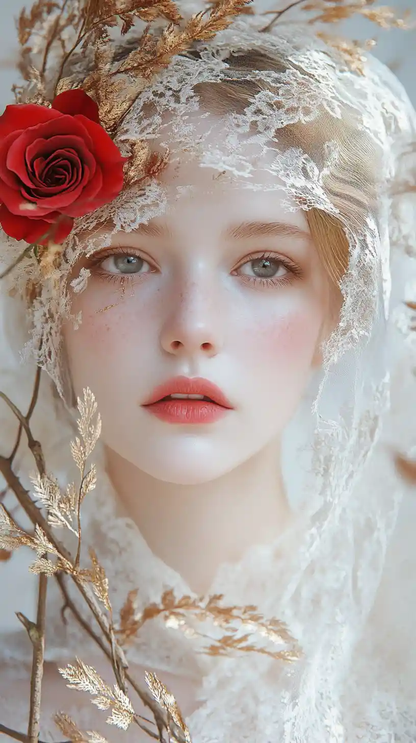 Ritratto di giovane donna con rosa rossa e foglie dorate