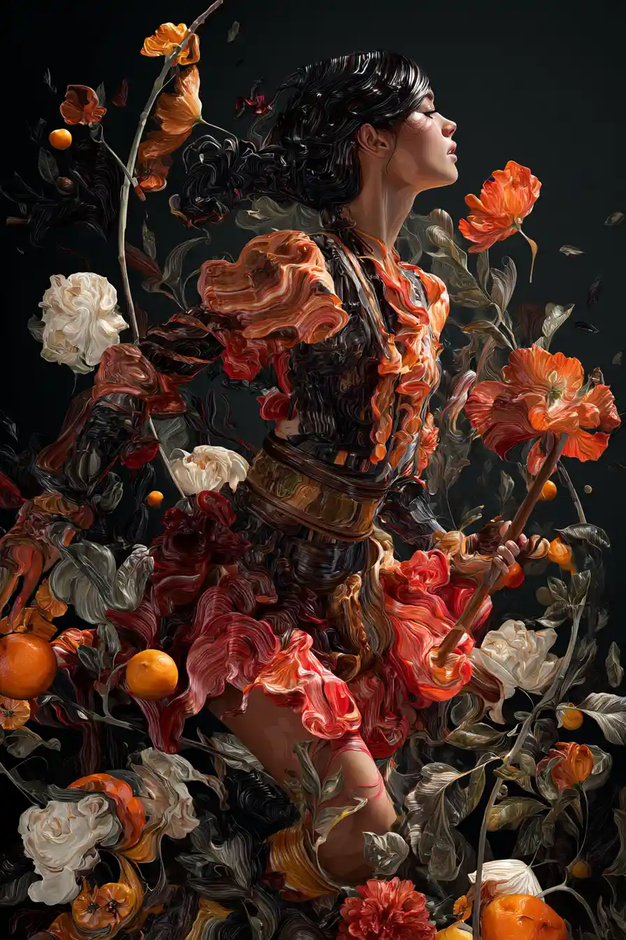Passionate woman with flowing floral and fruit forms