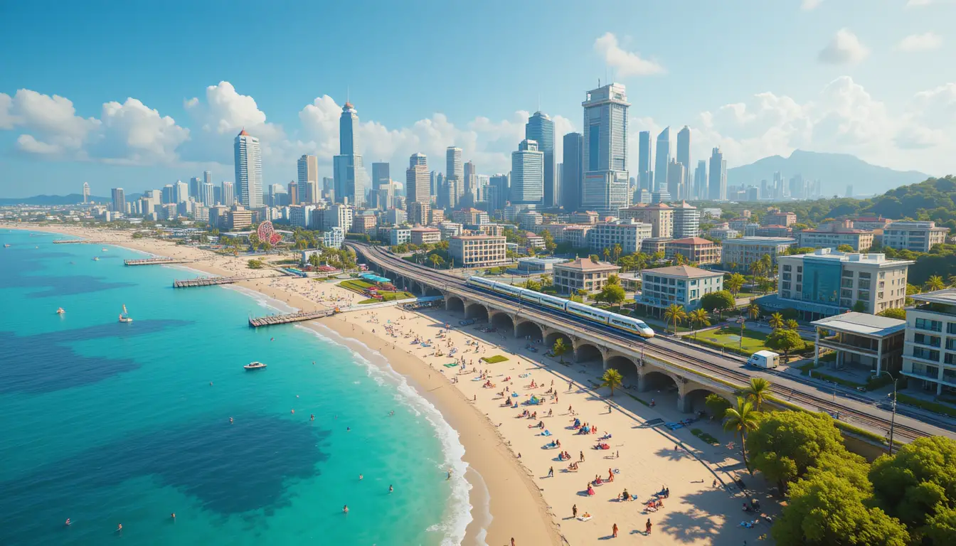Vibrant coastal city skyline with beach and modern trains