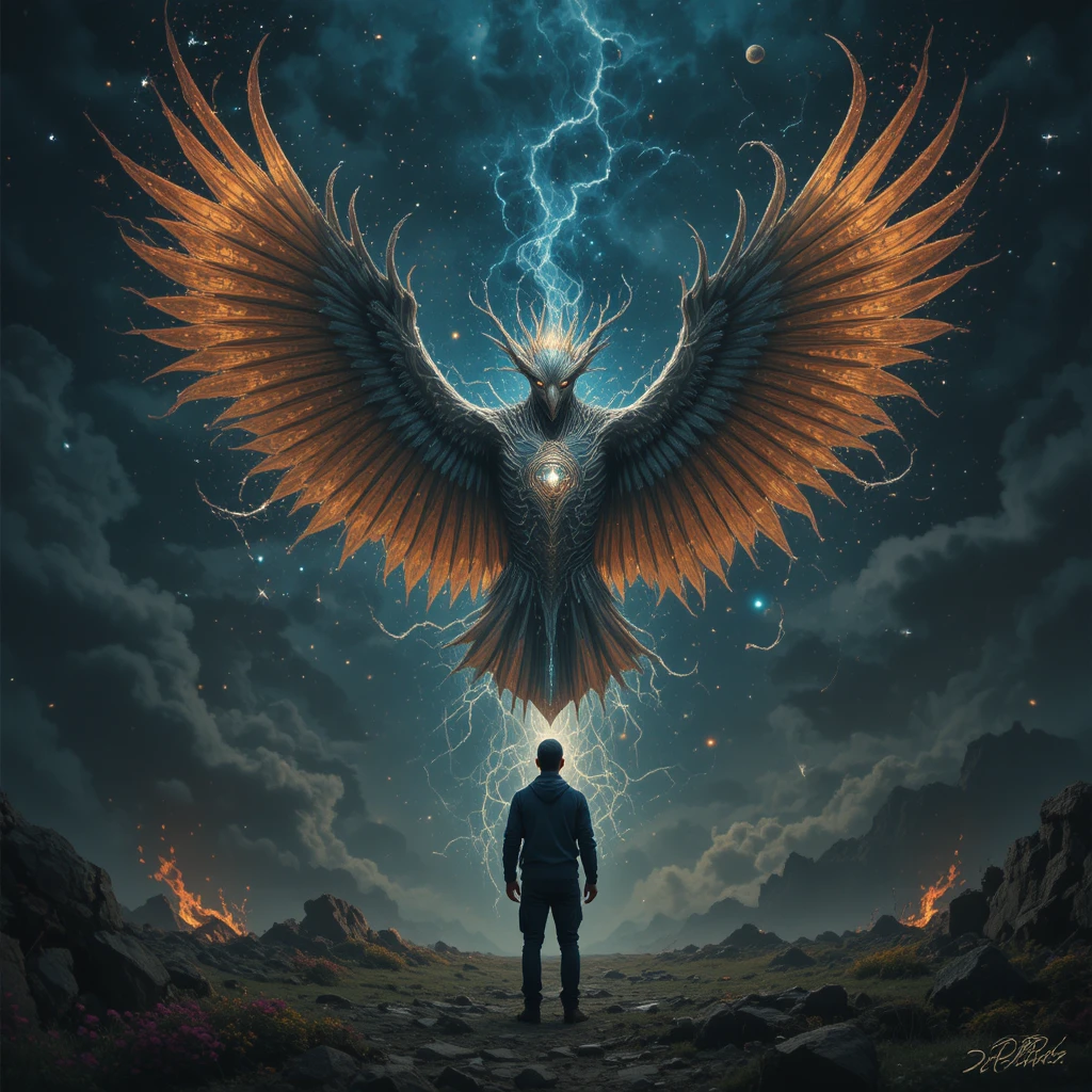 Evil Cosmic Bird Entity Confronting A Lonely Vagabond