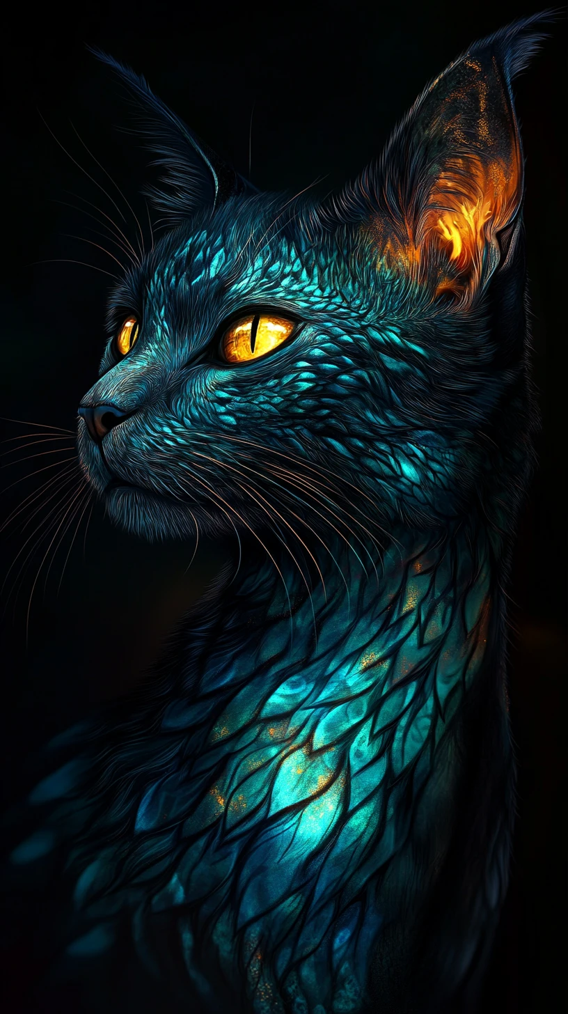 Chat fantastique semblable à un dragon aux écailles turquoise lumineuses