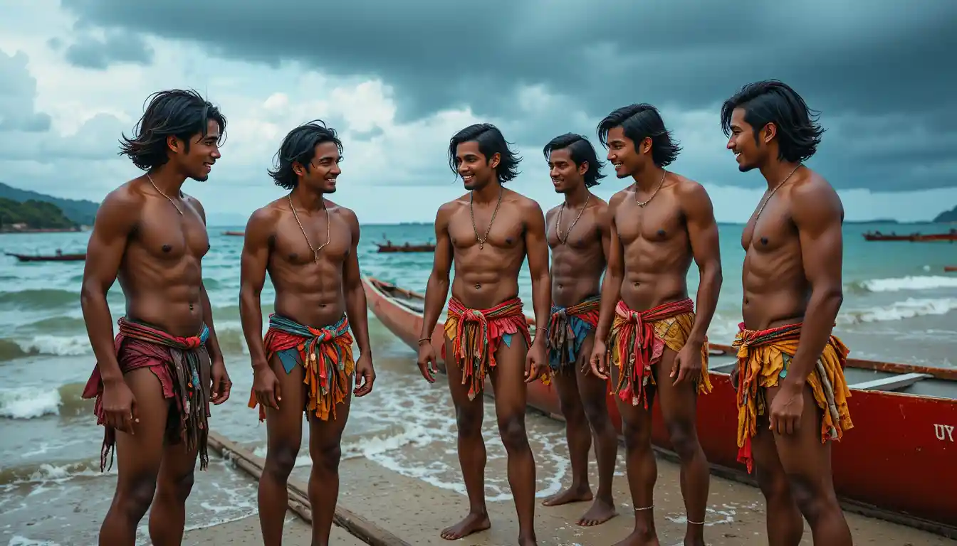 Young men landing outrigger canoes on a tropical shore