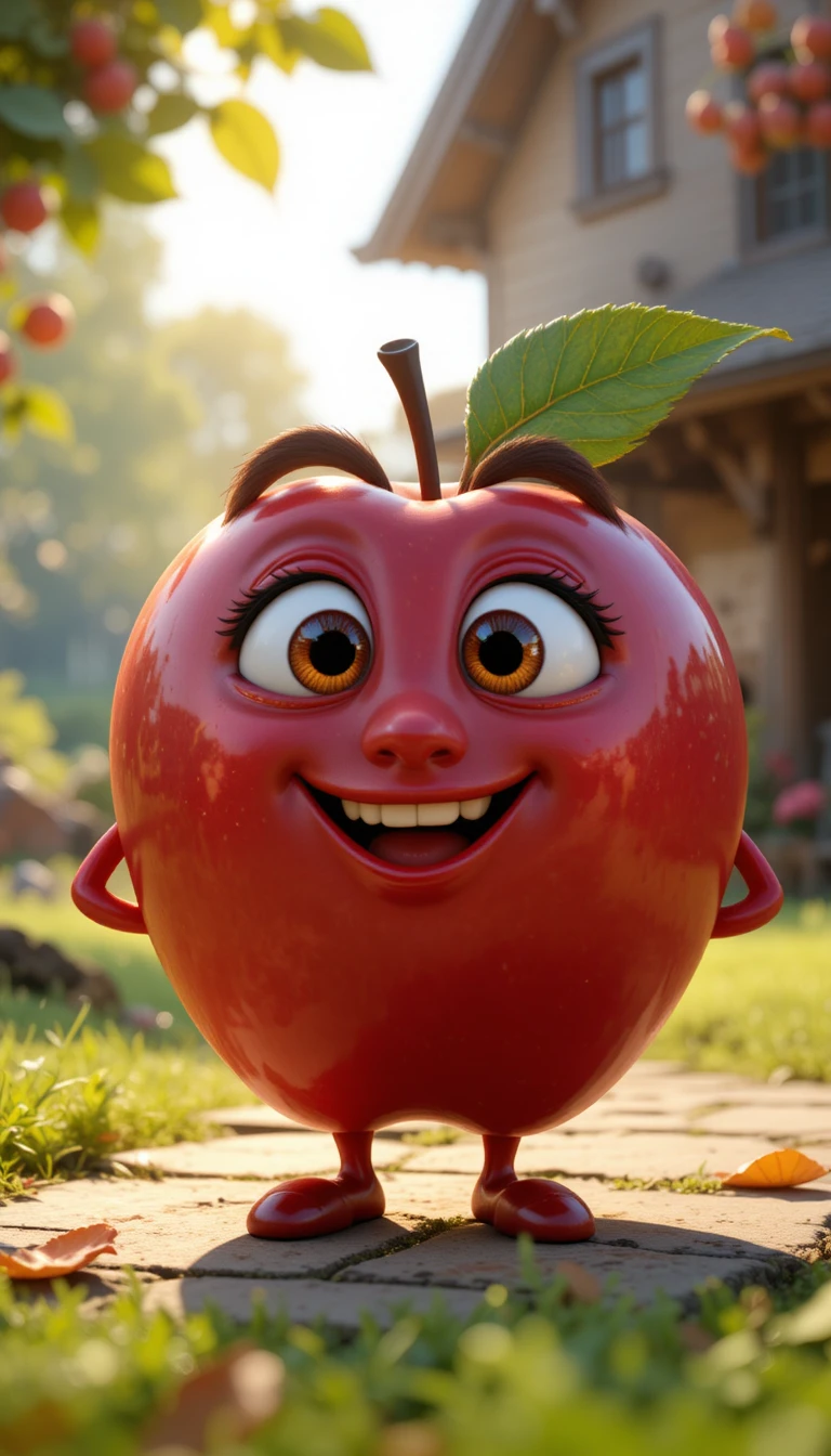 Personnage de pomme rouge enjoué dans une scène de jardin baignée de soleil