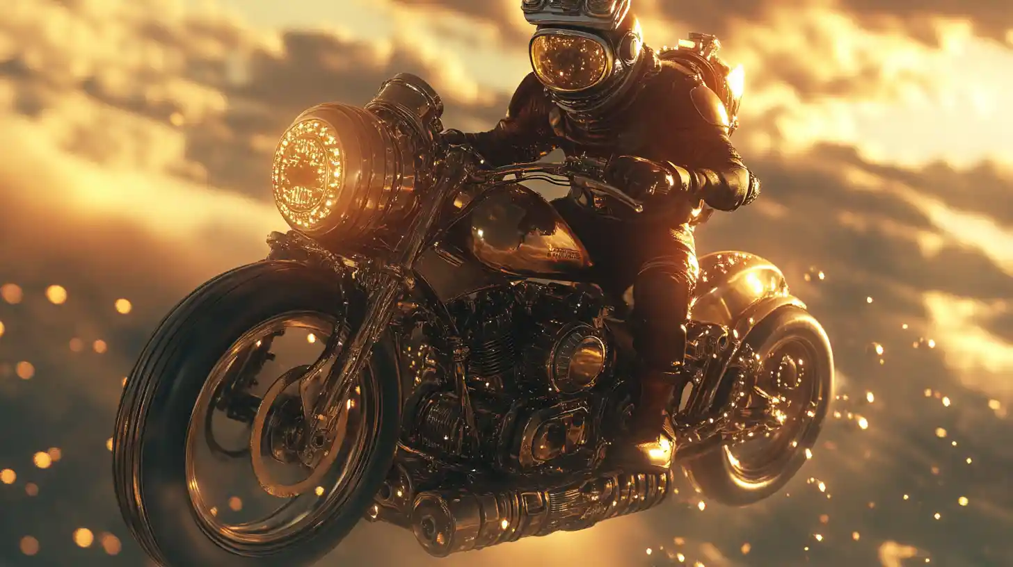Piloto steampunk acelera por rodovias cósmicas em luz dourada
