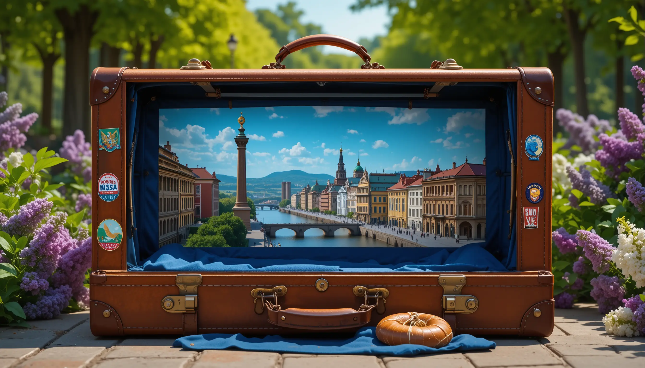Valigia in pelle vintage con paesaggio urbano di Penza all'interno