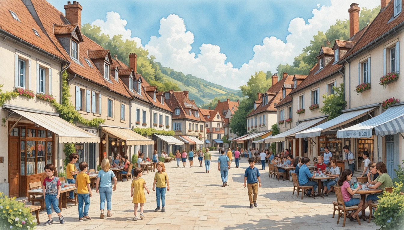 フランスの村の市場通りの居心地のよい水彩イラスト