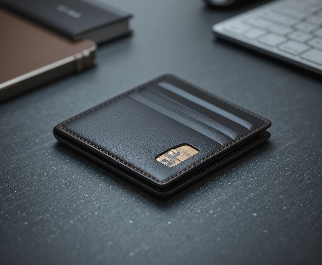 Classic leather wallet on charcoal textured desktop surface