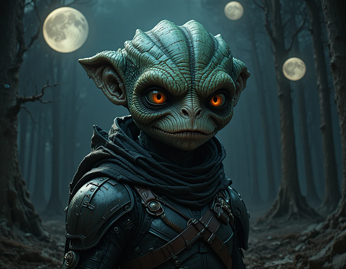 Armored green monster in a sinister dark forest