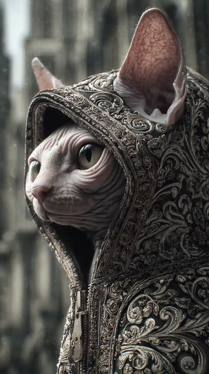 Chat Sphynx en hoodie orné dans un portrait de fantasy urbaine