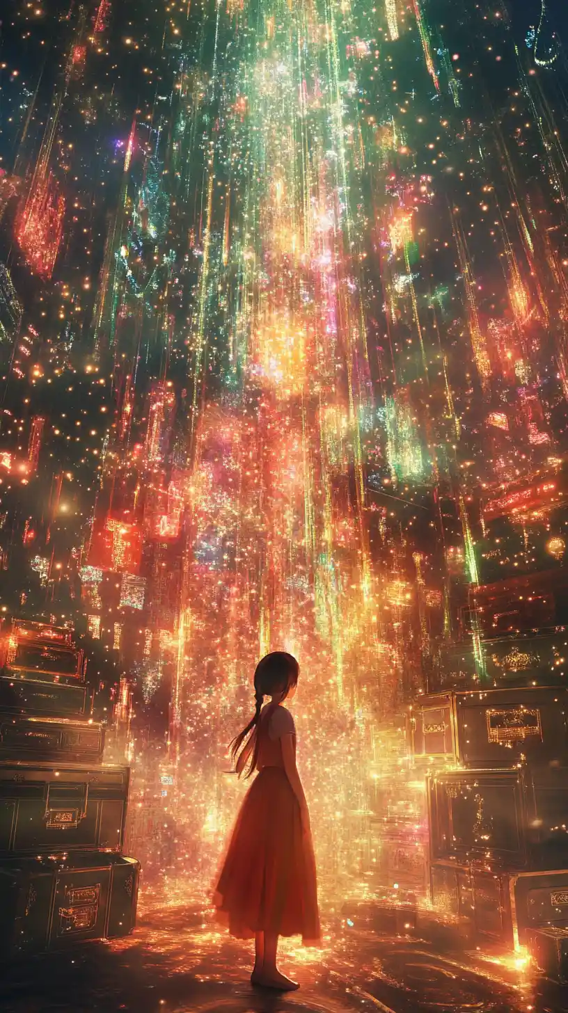 在夢幻發光寶藏領域中起舞的動漫少女