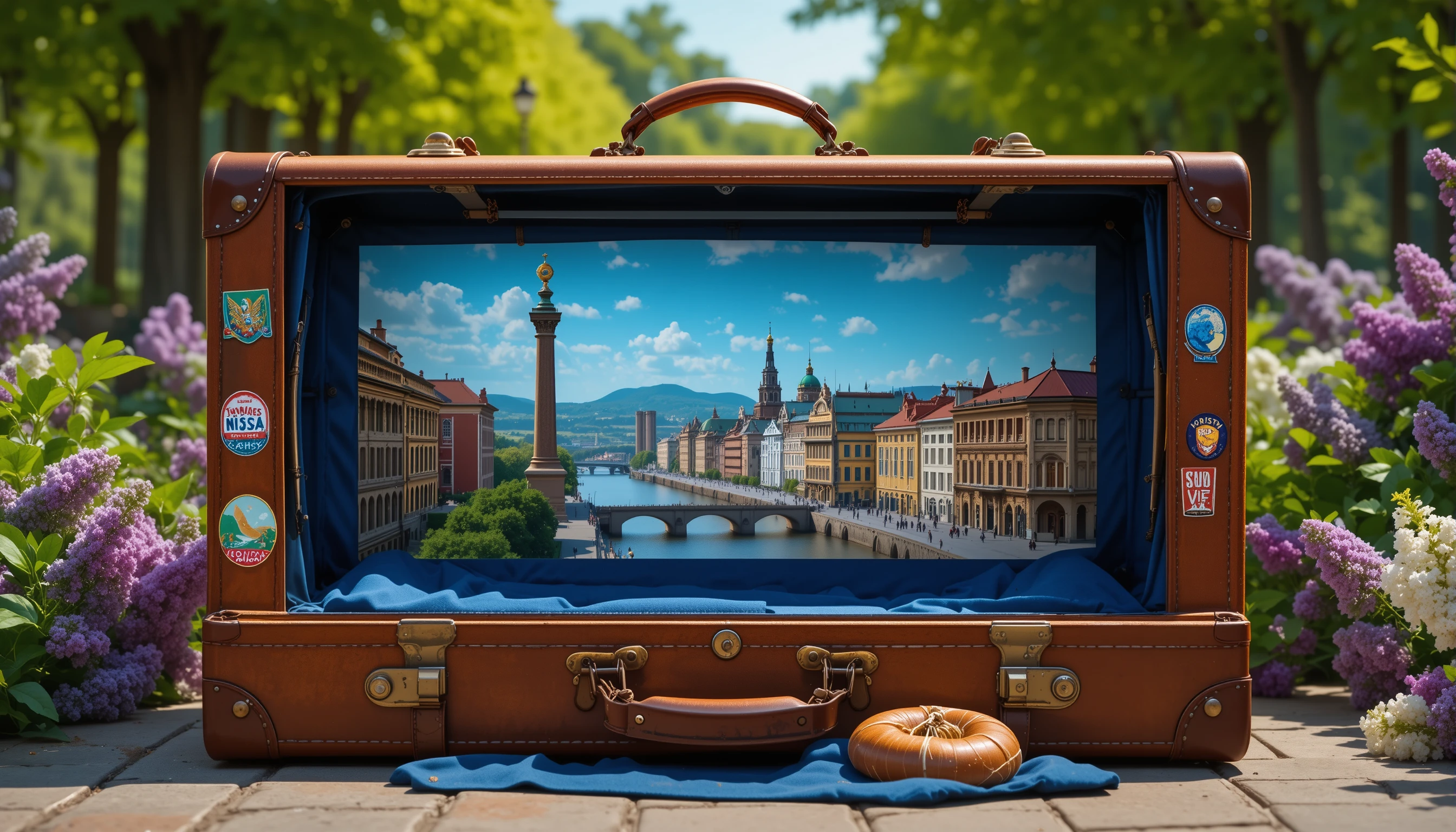 Valise vintage en cuir avec paysage urbain de Penza à l'intérieur