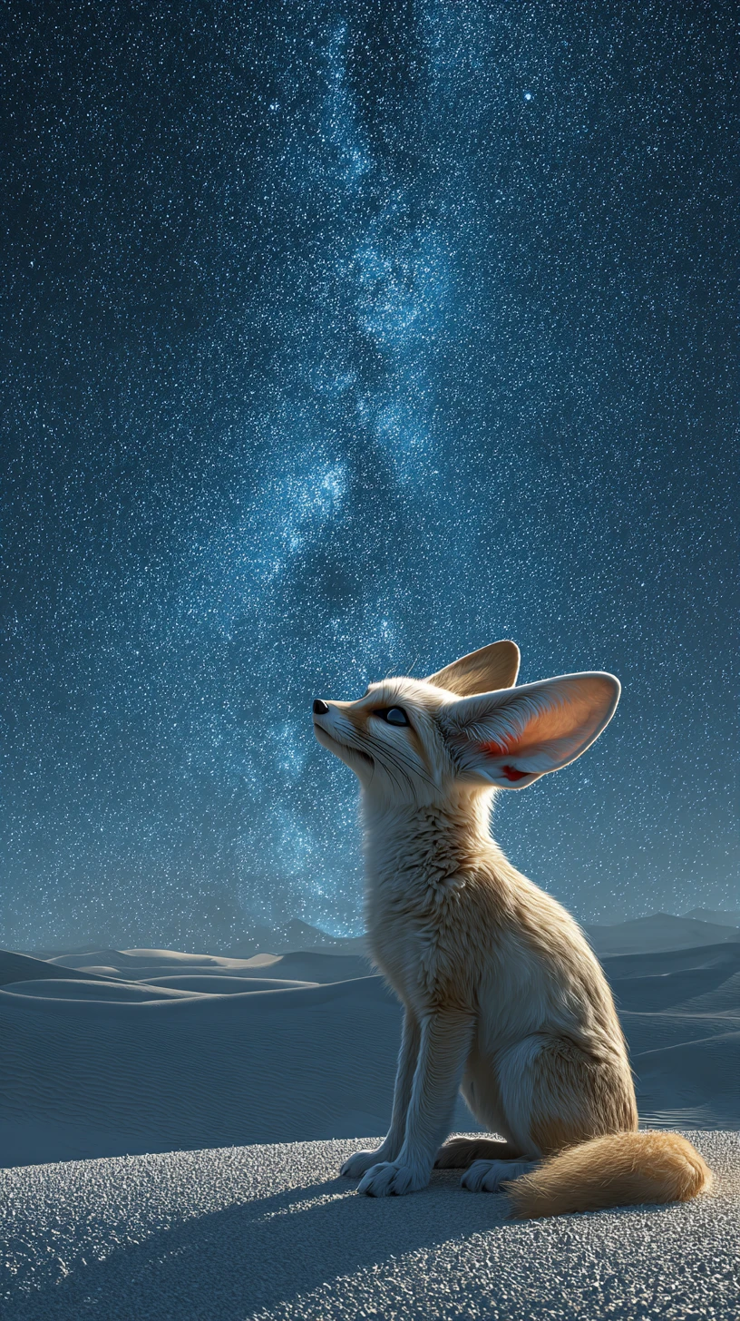 Raposa‑feneco em duna do Saara ao luar sob céu estrelado