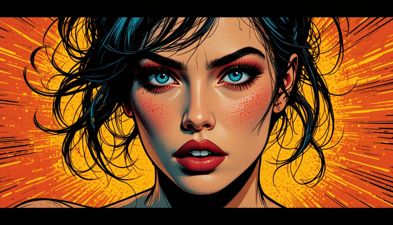 Retrato dramático de mulher em estilo de quadrinhos com forte claro-escuro