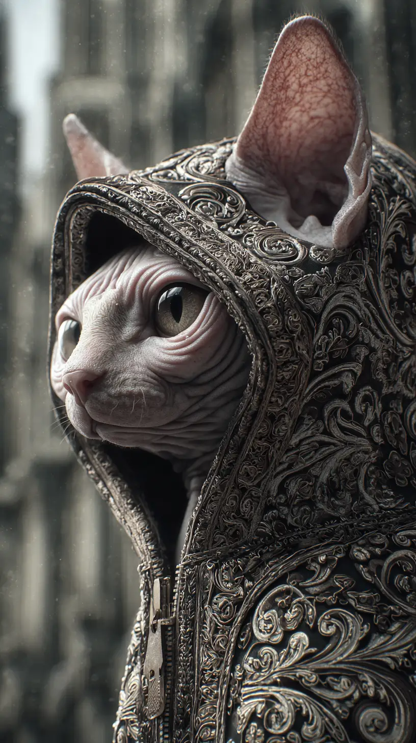 Gato Sphynx em moletom ornamentado em retrato de fantasia urbana