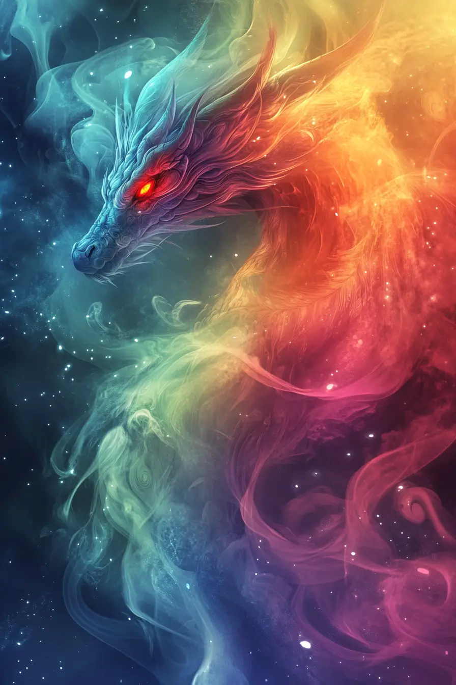 Regenbogen-Rauchdrache mit leuchtend roten Augen im abstrakten Nebel