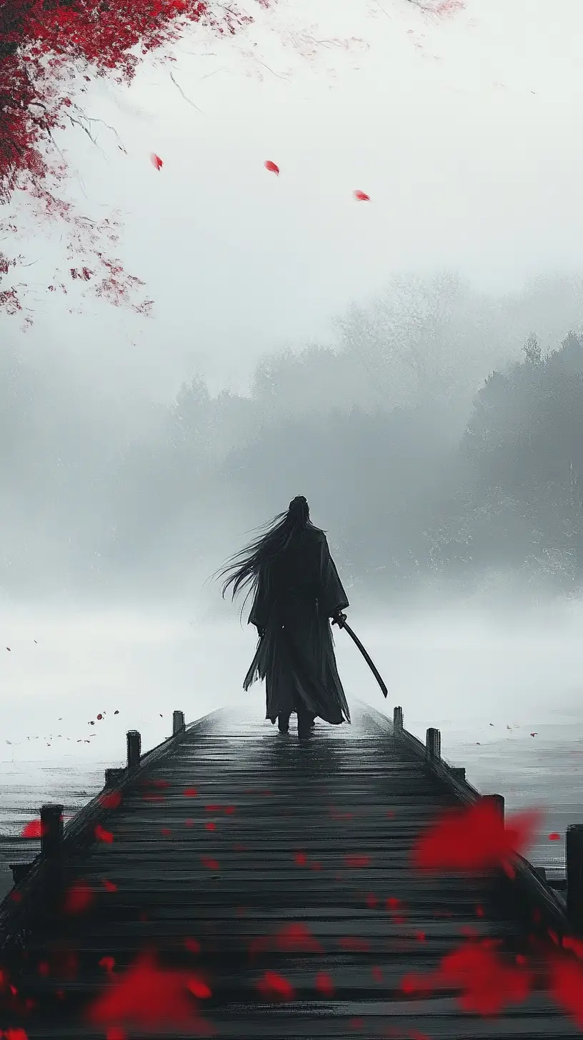 Einsamer Samurai überquert eine alte Holzbrücke im Nebel