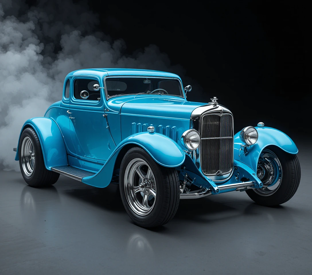 Carro-conceito futurista azul com rodas cromadas em fundo preto