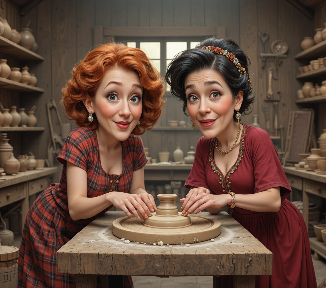Two women shaping clay at a rustic pottery workshop