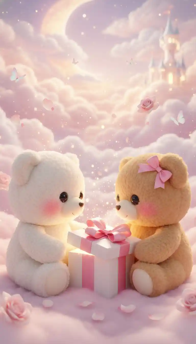 Two cute teddy bears with glowing gift box