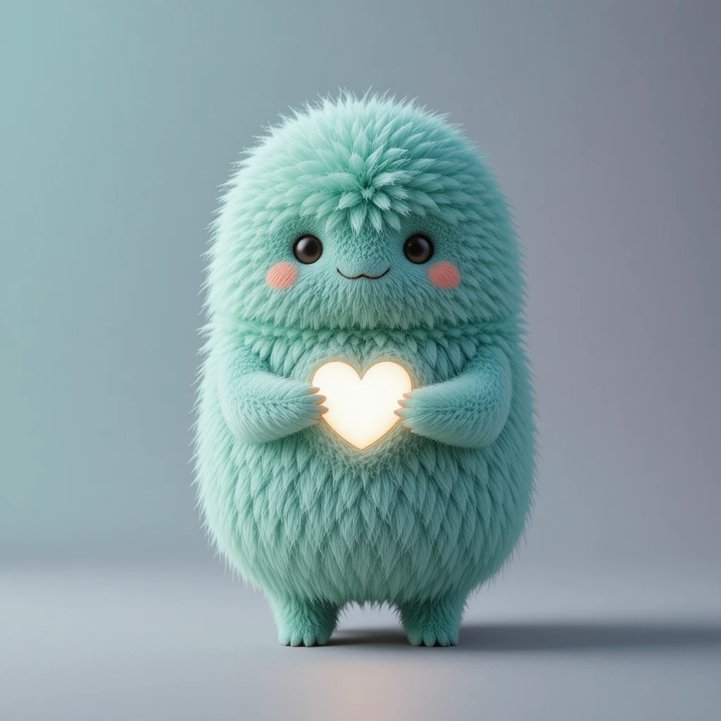 光る白いハートを抱えたミントカラーのふわふわキャラクター