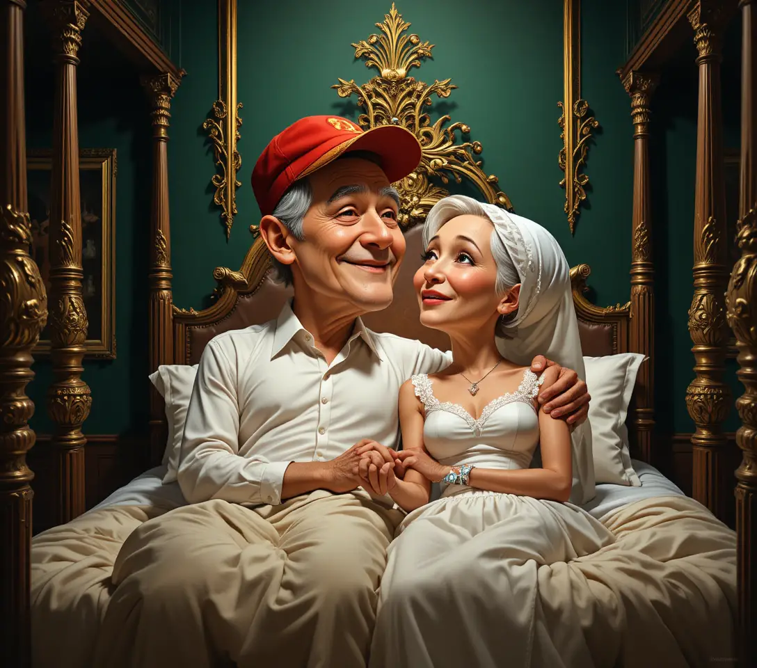 Elderly couple resting together on a luxurious four poster bed