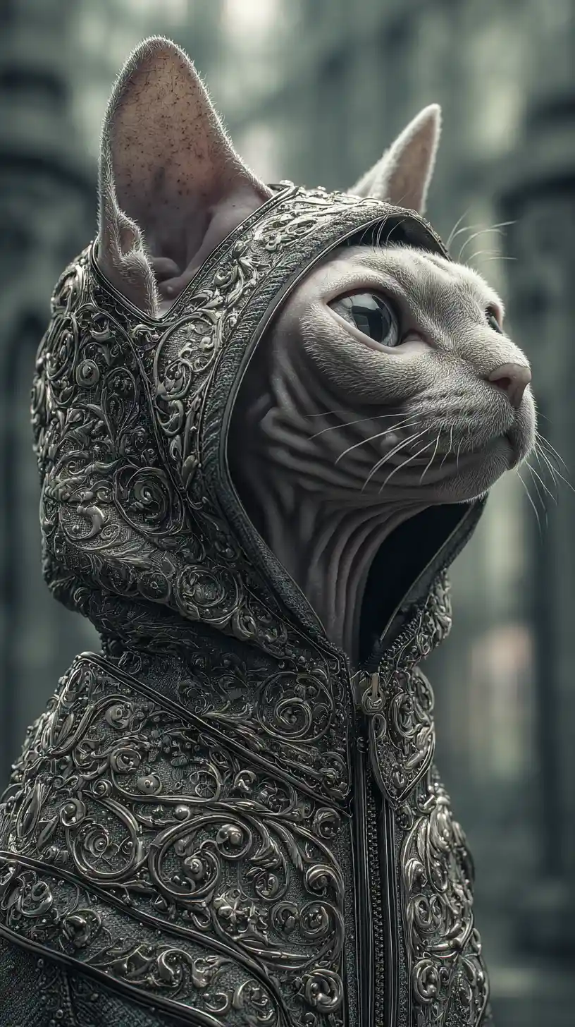 Kinematografisches Porträt einer niedlichen Sphynxkatze im verzierten Hoodie