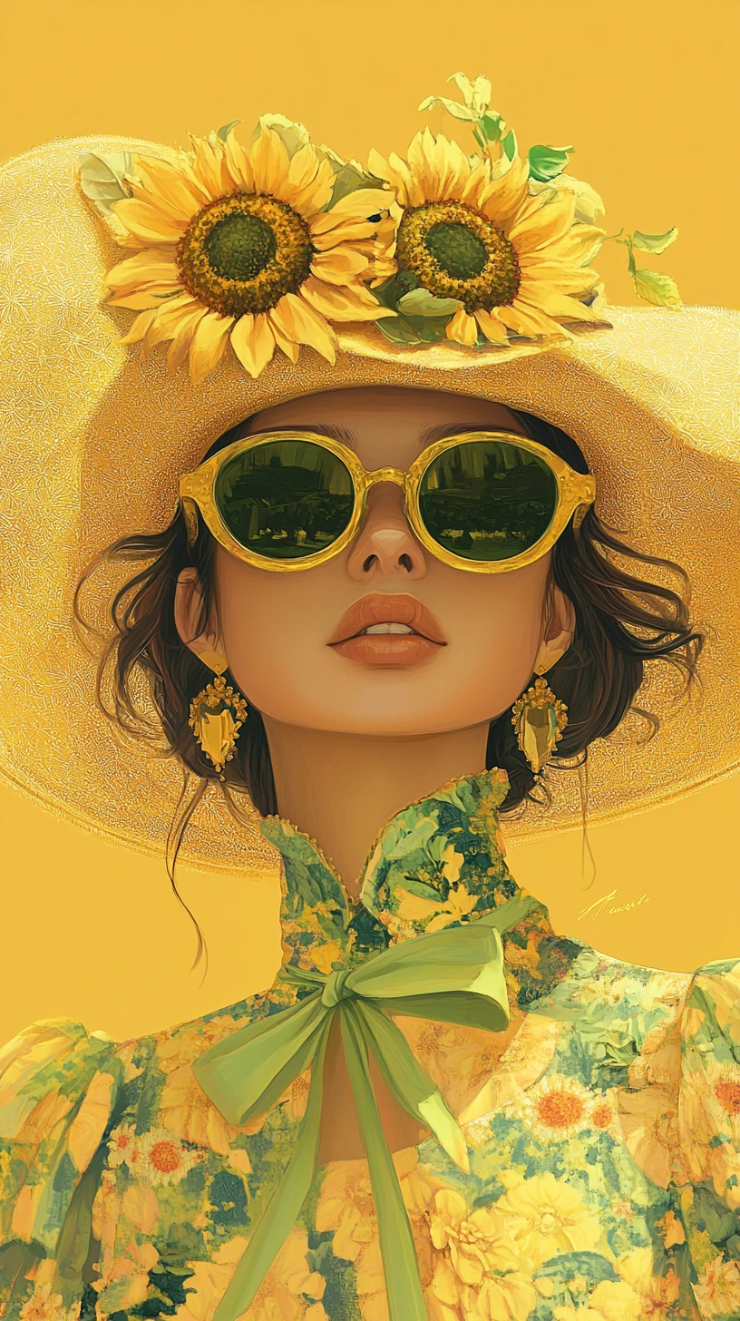 Donna elegante con cappello giallo, girasoli e occhiali da sole
