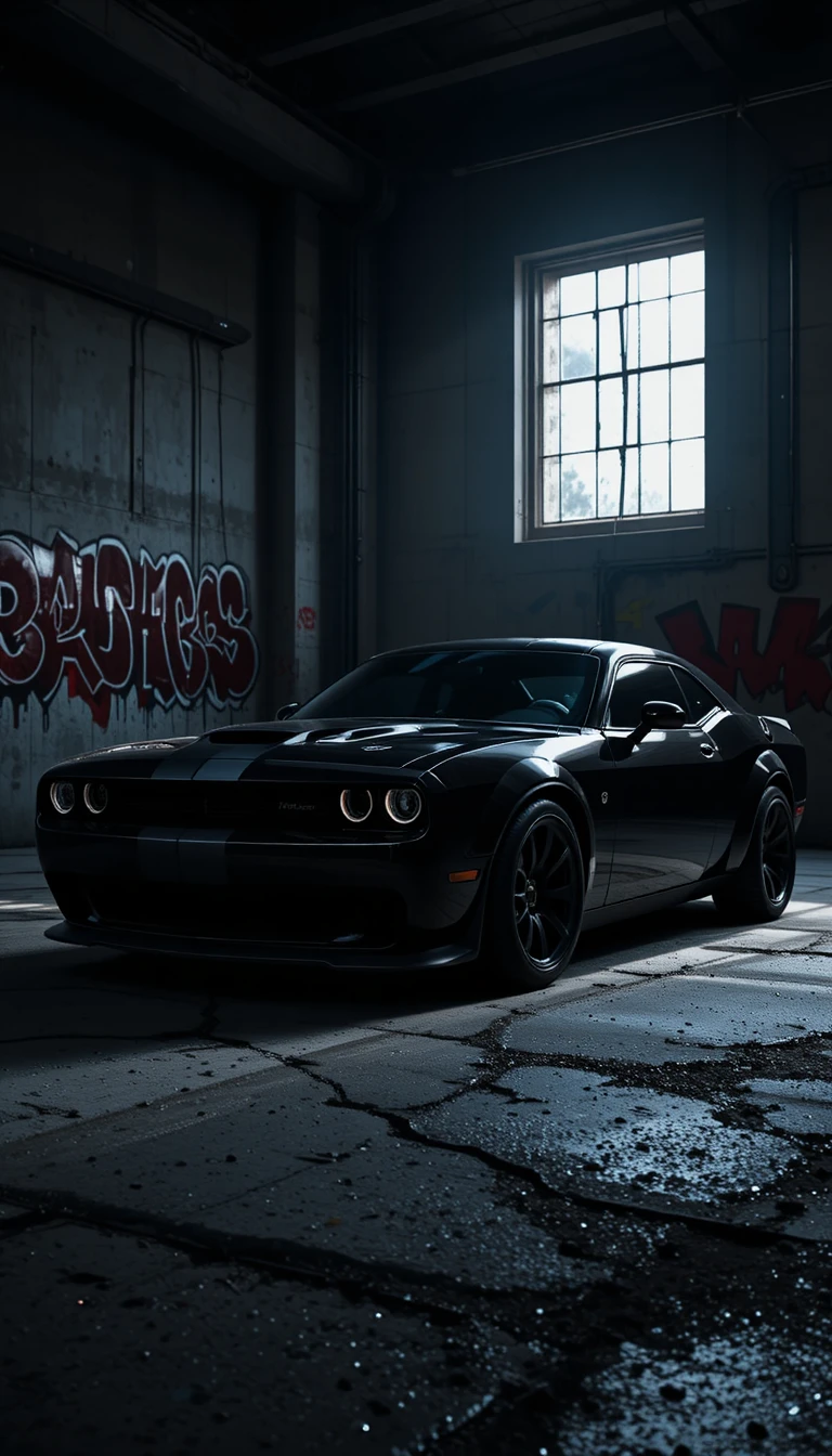 Black muscle car in moody industrial garage lighting
