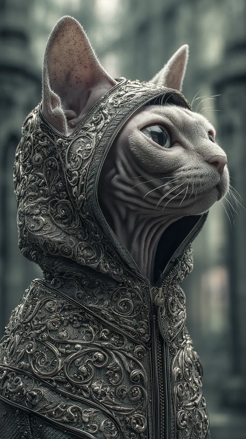 Retrato cinematográfico de um fofo gato sphynx em moletom adornado