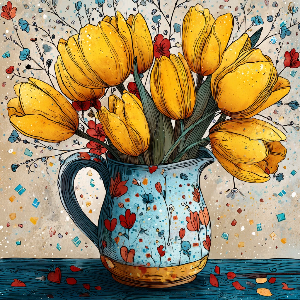 Golden tulips in a glass pitcher on rustic teal wood