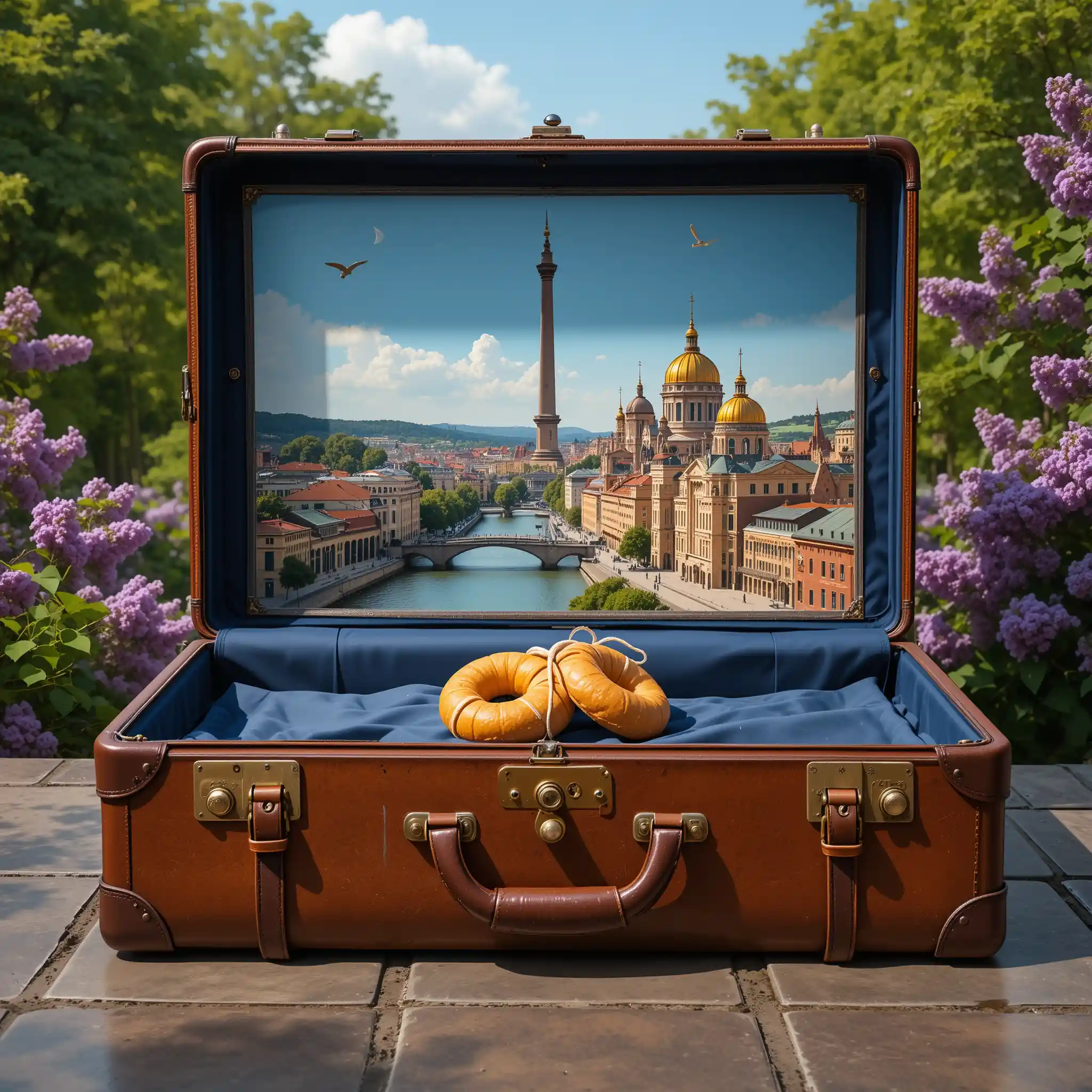 Vintage suitcase with penza cityscape inside on stone tiles