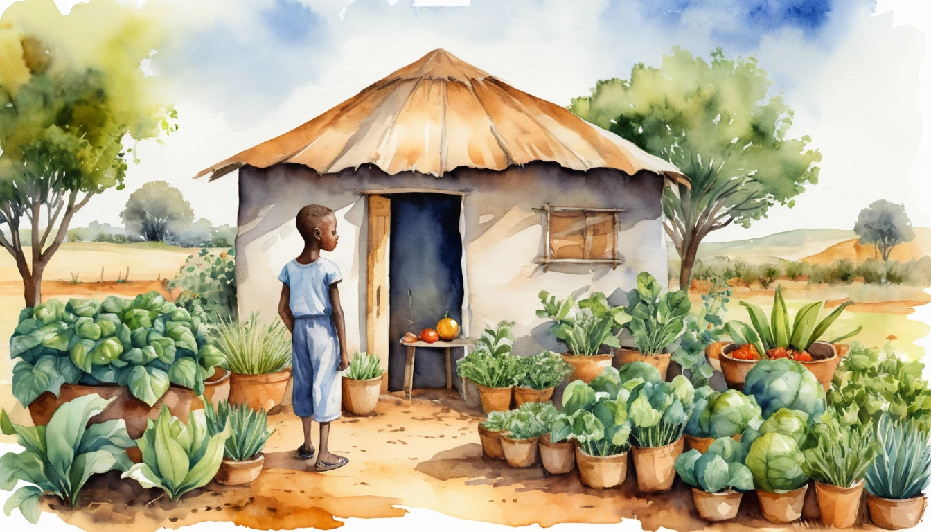 Idoso fazendo jardinagem em uma aconchegante cena de savana em aquarela
