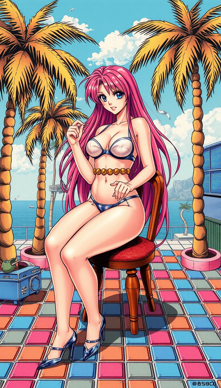 Femme style manga posant sur une petite chaise au bureau