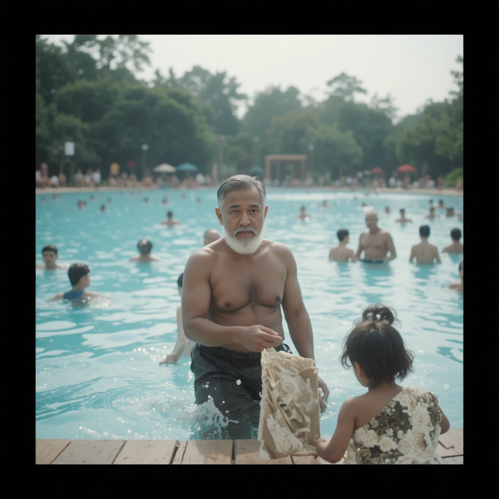 Pais no celular ao lado de piscina externa movimentada