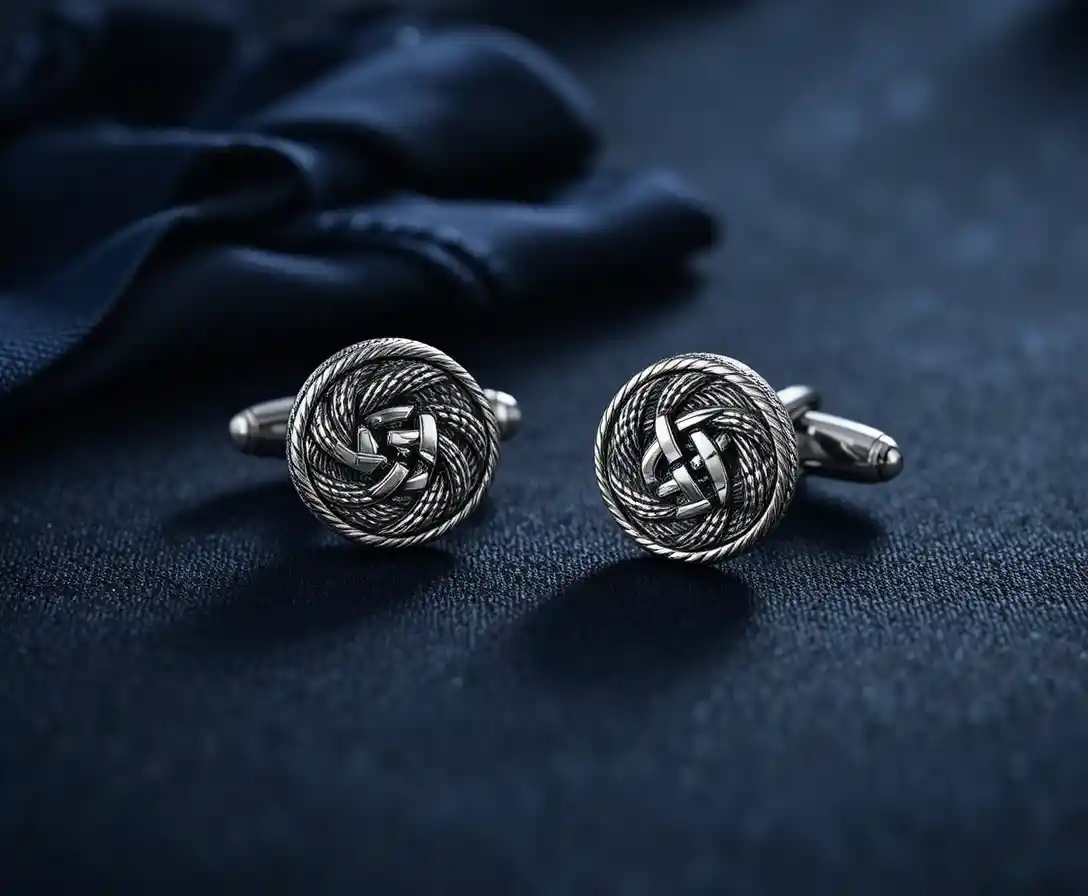 Silver sailing knot cufflinks on dark navy backdrop