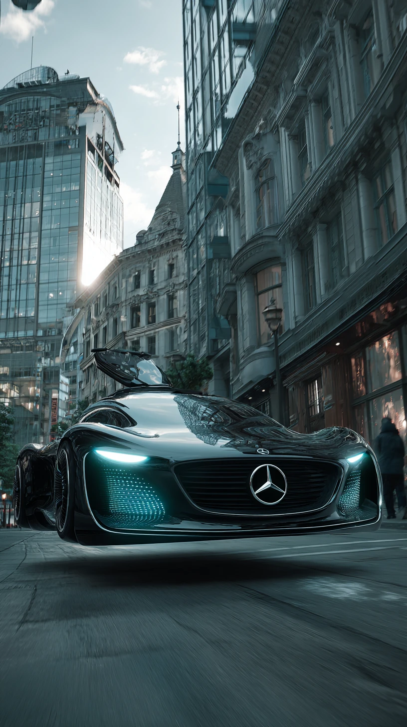 Carro Conceitual Futurista Preto Pairando Sobre a Cidade