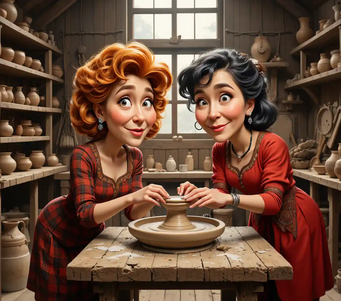 Two women working together at a rustic pottery wheel