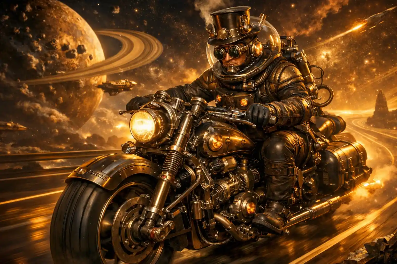 Motociclista steampunk correndo pelo espaço