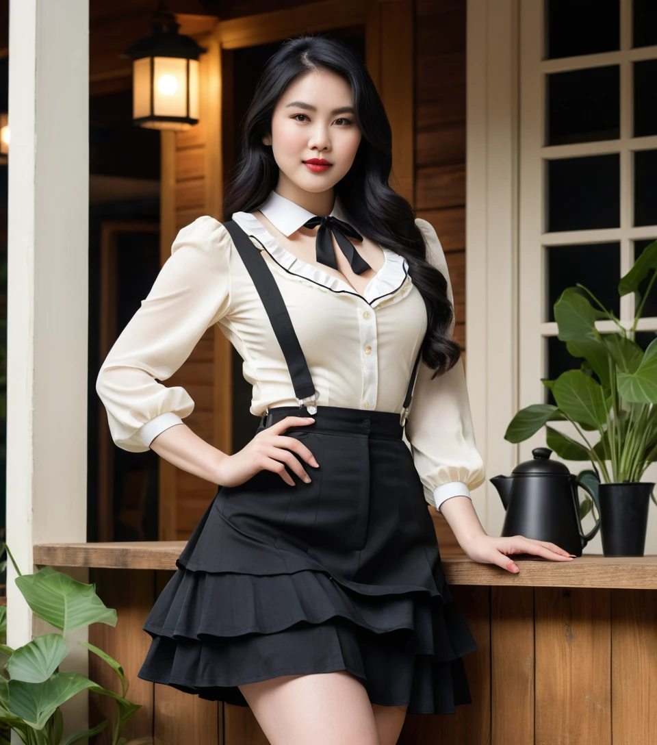 Vietnamese woman in vintage outfit at neon coffee bar