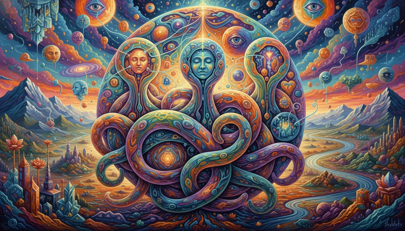 Psychedelic tentacled beings sharing dreams in altered reality