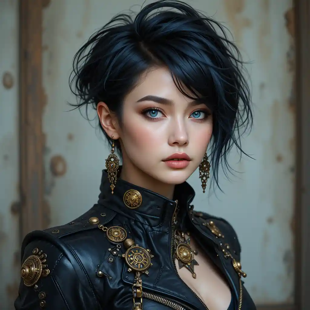 Edgy blue eyed woman in steampunk leather jacket portrait