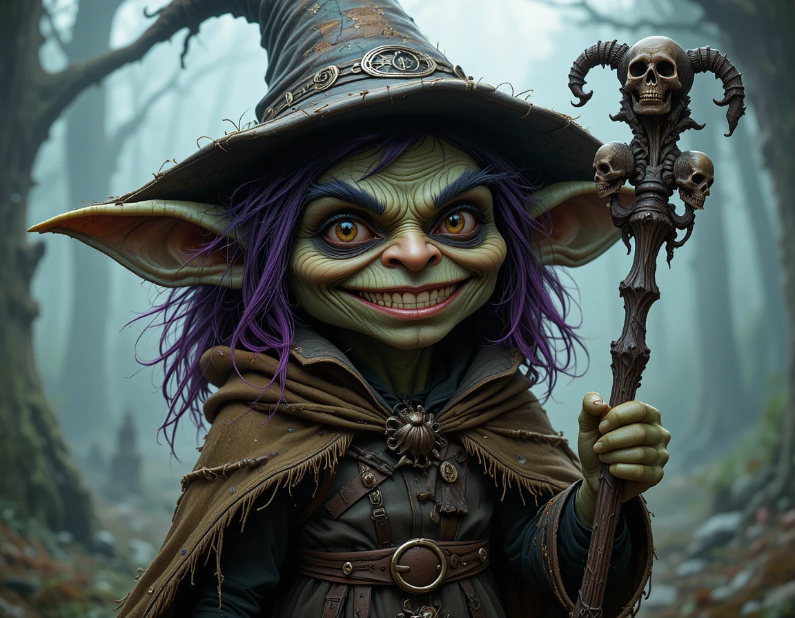 Goblin retorcido com cajado em uma floresta fantástica enevoada