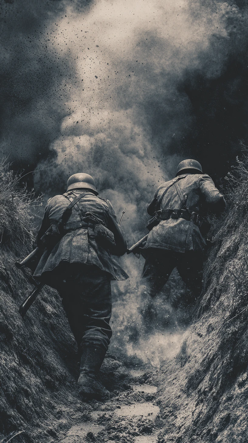 Soldados alemães da Segunda Guerra Mundial em cena de batalha na trincheira