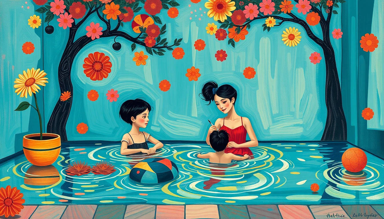 Escena familiar divertida junto a una luminosa piscina en el patio trasero