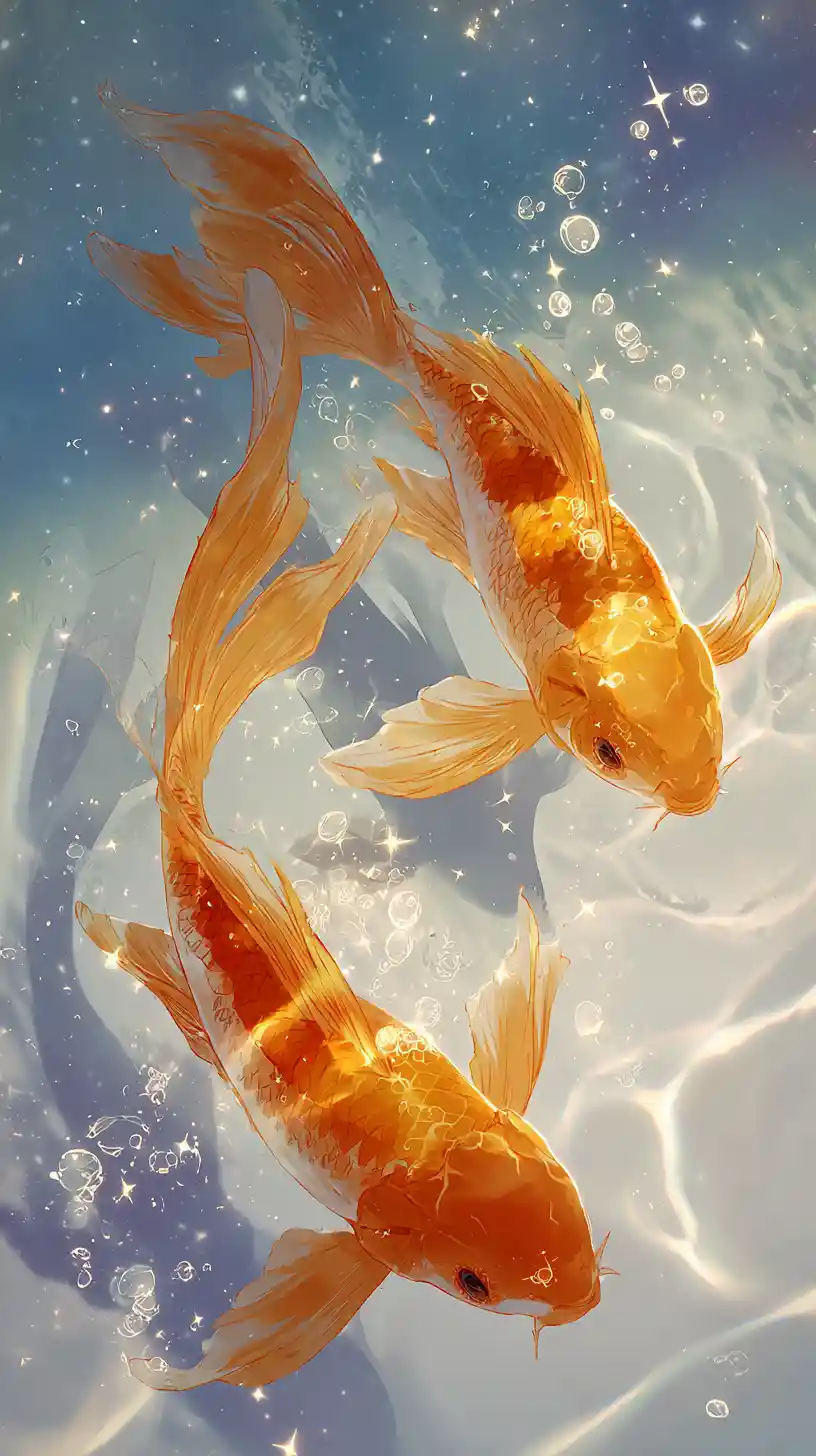 Golden koi fish swimming in luminous anime water