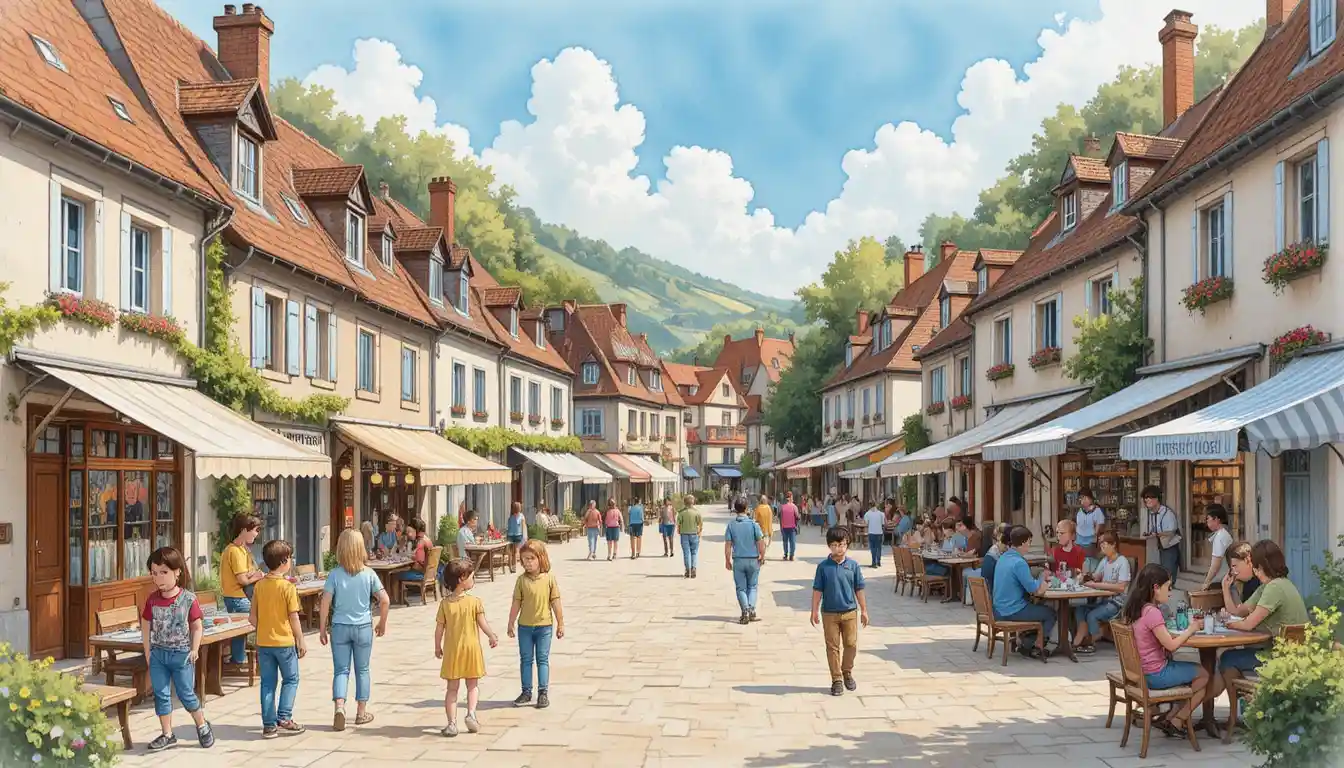 フランスの村の市場通りの居心地のよい水彩イラスト