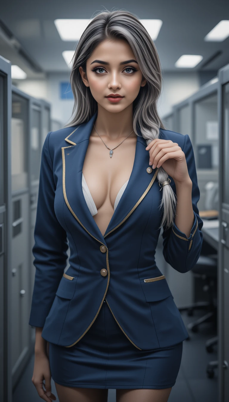 在低光現代辦公室中擺姿勢的自信女性
