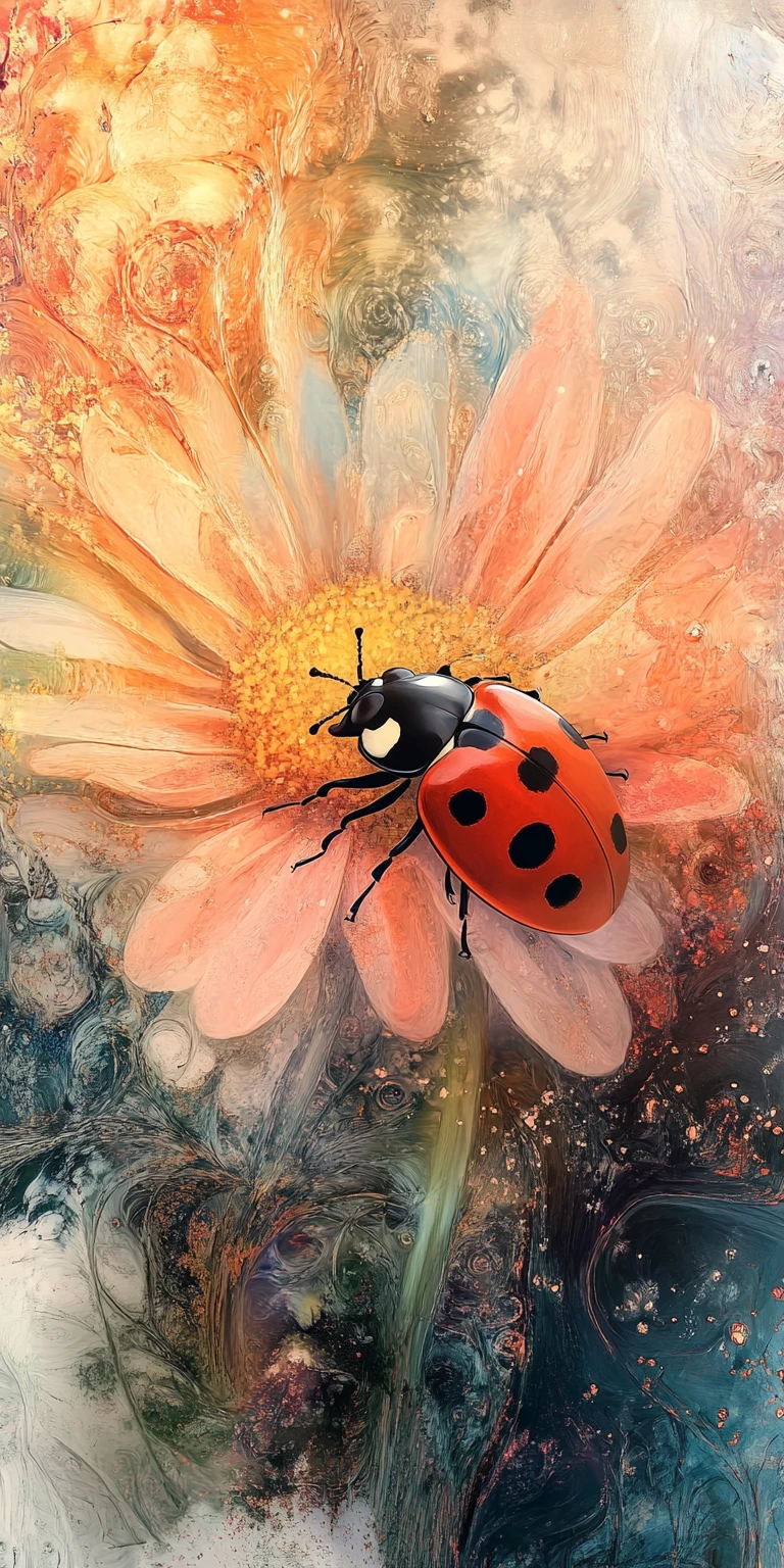Collage surreale di coccinella macro su margherita al sole