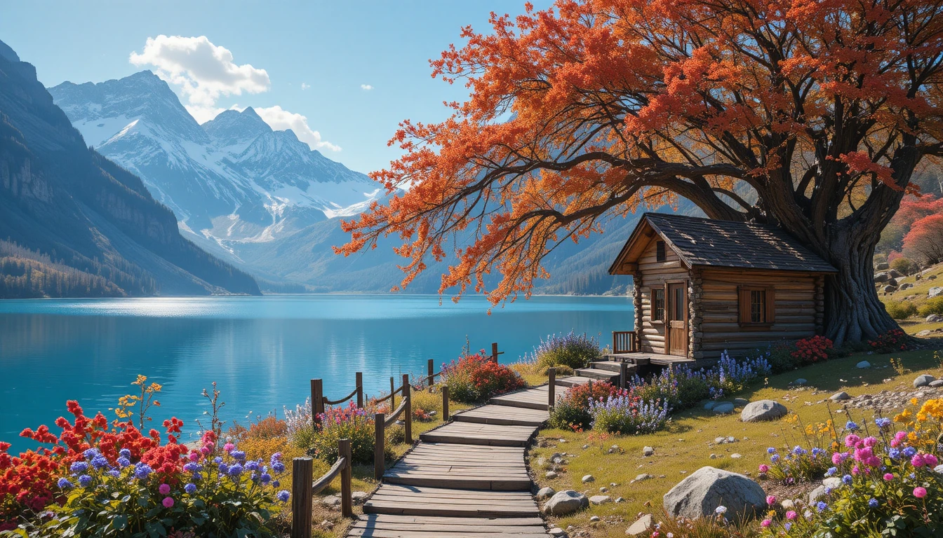 Rustic wooden cabin by a tranquil flower filled lakeside